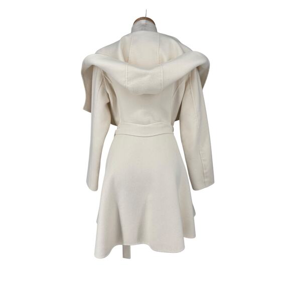 BCBG Max Azria Double Face Wool Blend Cream Wrap Coat Hooded Large Womens - Picture 8 of 12
